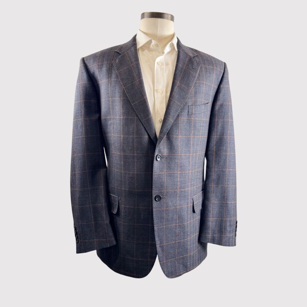Baroni Lanificio Di Pray Mens Blazer Gray Plaid Wool Silk Two Button Suit 46R
